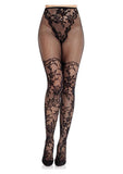 Leg Avenue French Cut Dahlia Lace Tights with Net Thigh Detail - Black - O/S
