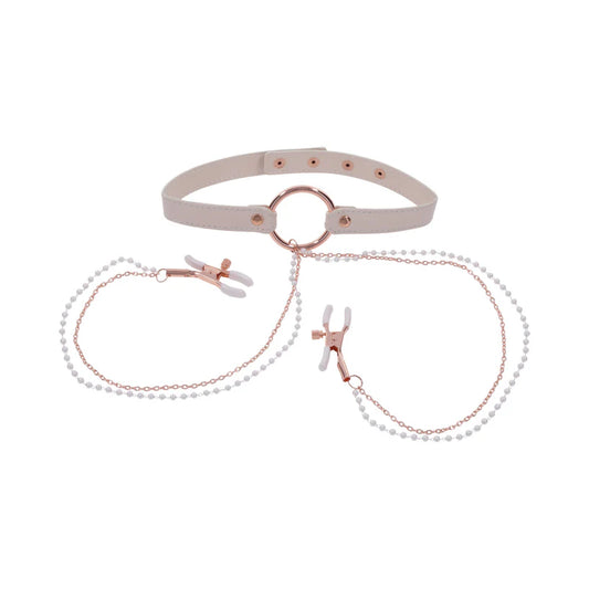 Sportsheets Sex & Mischief Peaches 'n CreaMe Collar with Nipple Clamps