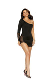 Lycra one shoulder mini dress with lace insert.