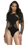 DIAMOND NET LONG SLEEVE TEDDY FRONT OPAQUE PANEL SIDE BACK OPENING THONG CUT
