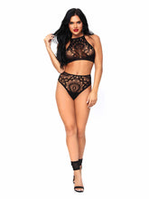 2 PC Crochet Lace Halter Crop Top with Strappy Back Detail and High Waist Thong Panties