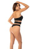 Halter Body Suit. Cut-Out Mesh Contrast