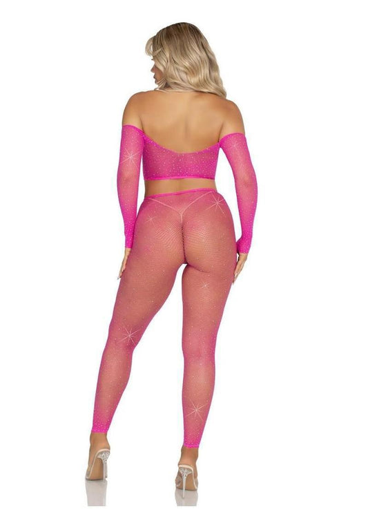 Leg Avenue Rhinestone Fishnet Crop Top and Footless Tights - Neon Pink - O/S