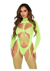 Leg Avenue Fishnet Halter Suspender Bodystocking and Layered Opaque Cut-Out Teddy (2 Piece) - Green - O/S
