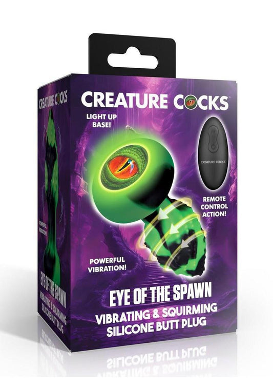 Creature Cocks Eye of the Spawn Rechargeable Silicone Vibrating & Squirming Butt Plug with Remote - Green