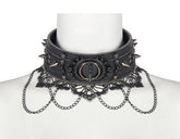 WIDE BAND GOTHIC COLLAR WITH SPIKES, CHAIN AND LACE