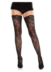 Leg Avenue Stay-Up Lace Top Cross Hatch Floral Lace Thigh Highs - Black - O/S012282018024012282018024