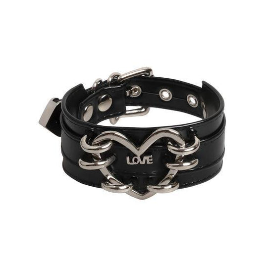 BLACK BONDAGE COLLAR WITH CHROME HEART