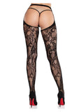 Eyelet Rose Lace Crotchless Tights with Cheeky Open Back - Black - O/S