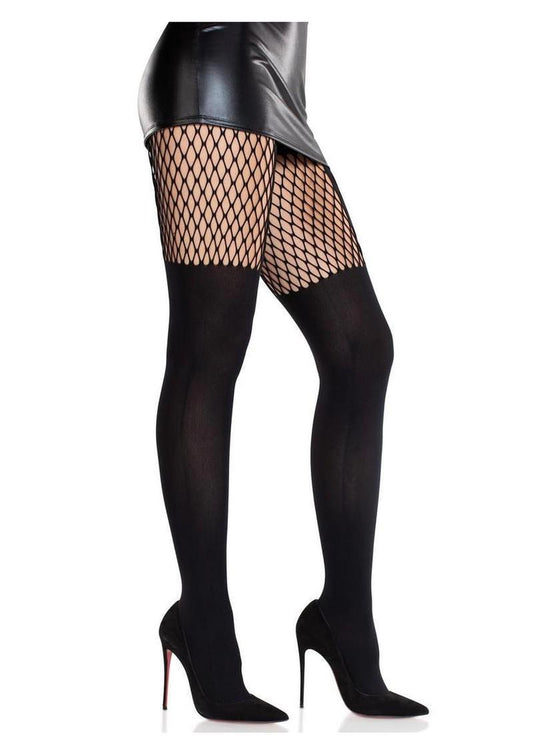 Leg Avenue Seamless Opaque Garter Illusion Tights with Net Thigh Detail - Black - O/S