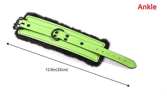 LIME GREEN COLOR ANKLE RESTRAINTS WITH BLACK FUR & BLACK HARDWARE