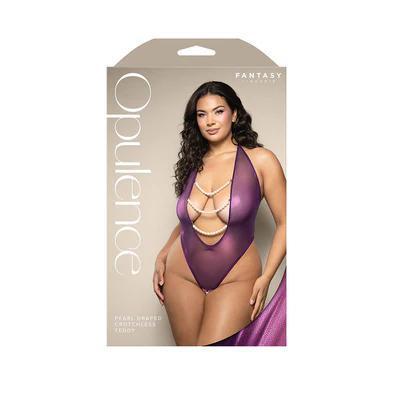 Fantasy Lingerie Opulence Foil Mesh Plunging Pearl Halter Teddy with Open Pearl Crotch