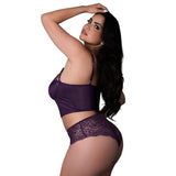 Magic Silk Leather & Lace Balconette Bustier & Cheeky Short Plum