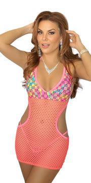TIE DYE DESIGNER CUTOUT MESH DRESS WITH THONG
