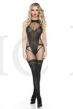 OPEN CROTCH BODYSTOCKING LOW BACK FAUX SHEER TEDDY THIGH HI STOCKINGS