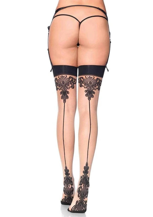 Leg Avenue Spandex Sheer Baroque Cuban Heel Backseam Thigh Highs
