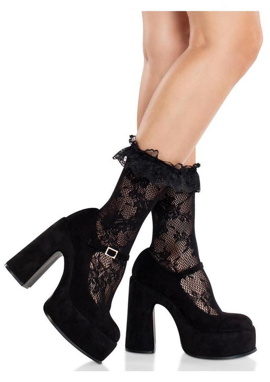 Leg Avenue Floral Lace Ruffle Top Anklets - Black - O/S