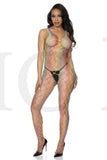 RAINBOW LARGE DIAMOND NET CROTCHLESS BODYSTOCKING V NECKLINE WIDE STRAPS