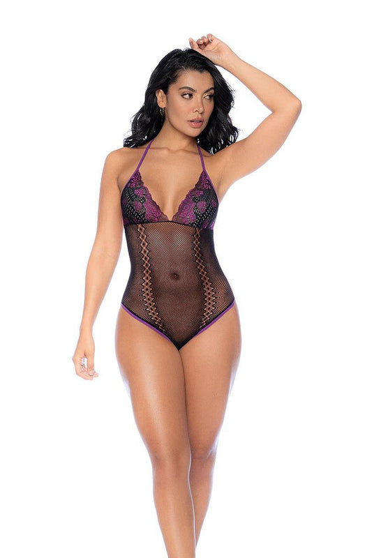 Black/Purple Fishnet and Lace Bodysuit