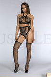 FAUX LACE UP HALTER W/HIGH WAIST GARTER/STOCKINGS BLK OS