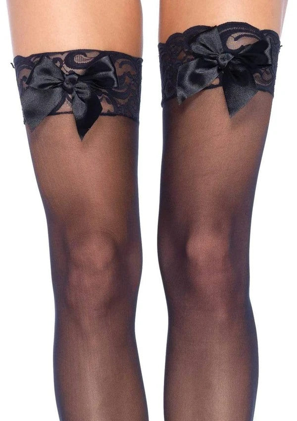 Leg Avenue Sheer Lace Top Thigh Highs with Satin Bow Accent