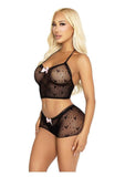 Leg Avenue Mini Heart Trimmed Heart Net Halter Cami and Boy Short Panty (2 Piece) - Black - O/S