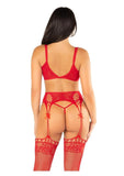 Leg Avenue Lace Bra Top with Dual Strap Detail, G-String Panty and Lace Top Garter Belt Stockings (3 Piece) - OS