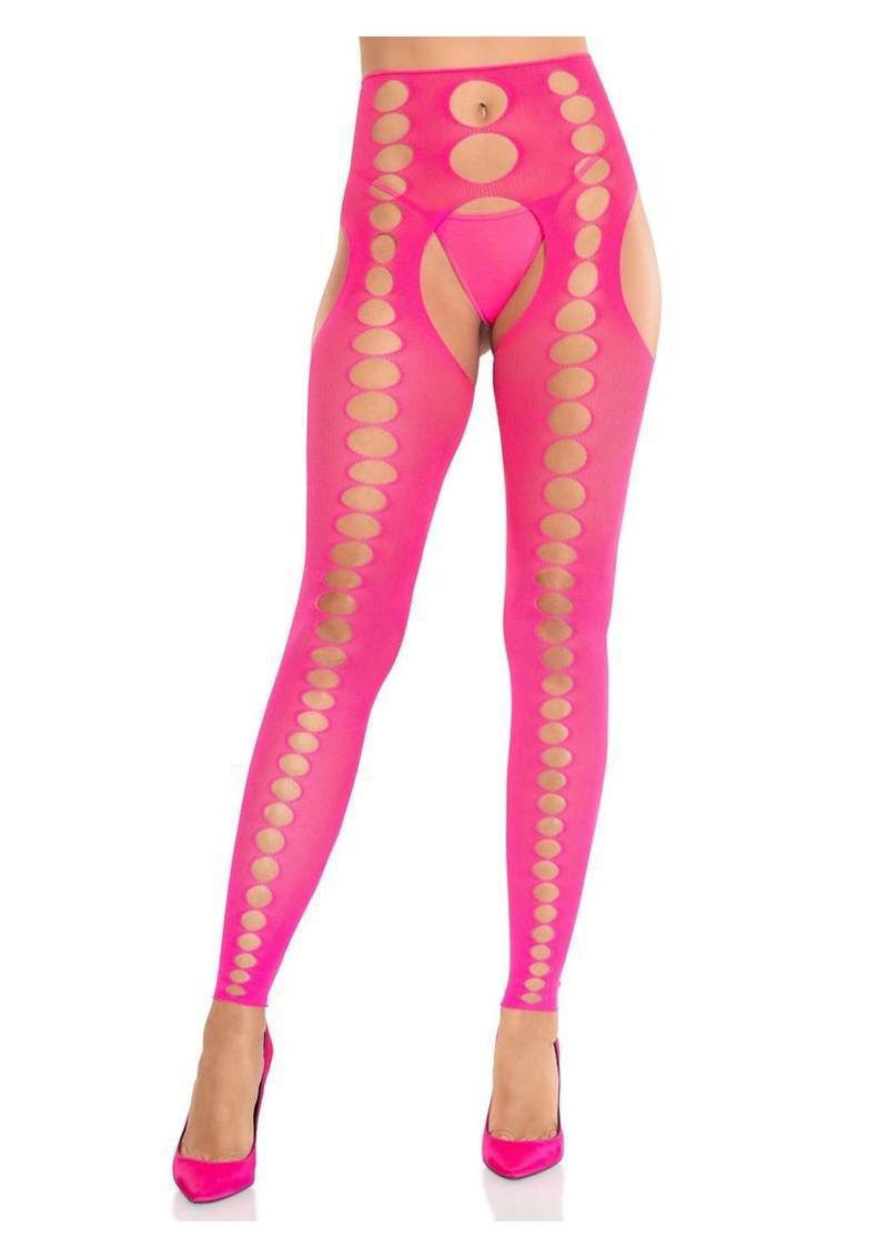 Leg Avenue Seamless Opaque Cut-Out Footless Suspender Hose - Neon Pink - O/S