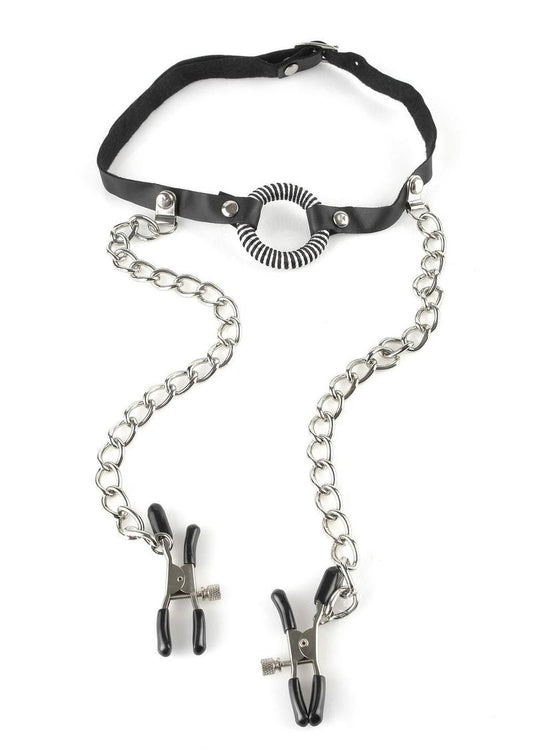 Fetish Fantasy O-Ring Gag with Nipple Clamps - Black