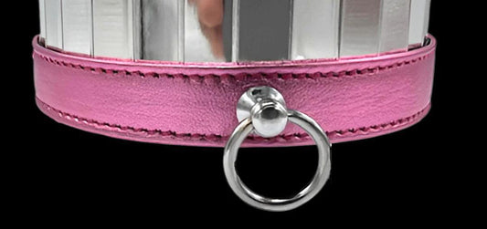 METALLIC COLOR LEATHER COLLAR WITH O RING AND BUCKLE