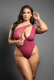 Fantasy Lingerie Domina Crotchless One-Shoulder Teddy with Asymmetrical Front Zipper Berry -BOXED