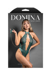 Fantasy Lingerie Domina Keyhole Halter Teddy with Detachable Chain-Link Leash Pine Green - BOXED