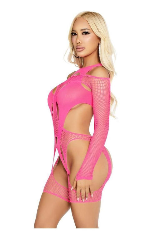 Leg Avenue Off-the-Shoulder Fishnet Garter Harness and Layered Opaque Cut-Out Teddy (2 Piece) - O/S