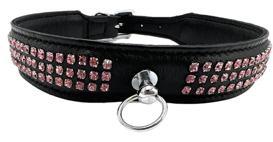 3 ROW MINI RHINESTONE COLLAR IN BLACK LEATHER