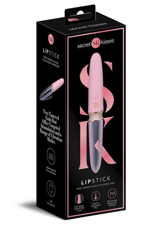 Secret Kisses Glass Lipstick Rechargeable Silicone Dual End Vibrator - Pink/Clear