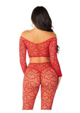 Leg Avenue Heart Net Off the Shoulder Crop Top and Footless Tights (2 Piece) - OS