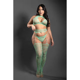 Fantasy Lingerie Sheer Heart Of Glass Lace Knit Halter Tie Top, G-String & Gartered Stockings Seaglass Green Queen Size
