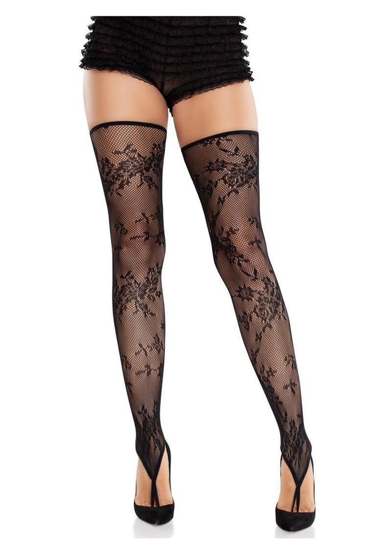 Leg Avenue Floral Net Toe Loop Footless Thigh Highs - Black - O/S