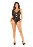 Floral Lace Halter Bodysuit with Mini Bow and Flutter Accent - OS