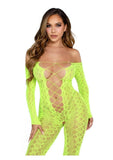 Leg Avenue Python Net Crotchless Footless Lingerie Jumpsuit with Faux Lace Up Detail - O/S- Neon Green