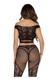 Leg Avenue Net and Lace Off-the-Shoulder Crop Top and Footless Tights (2 Piece) - Black - O/S