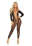 Leg Avenue Python Net Crotchless Footless Lingerie Jumpsuit with Faux Lace Up Detail - Black - O/S