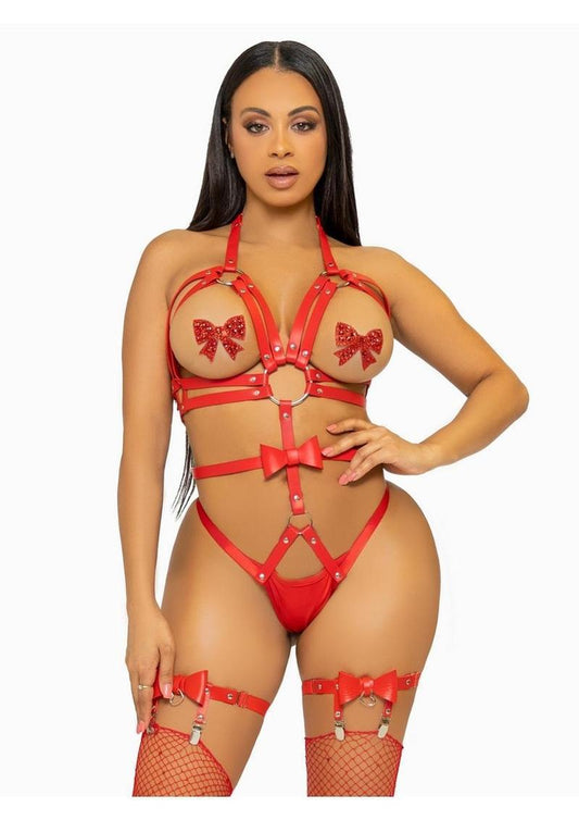 Leg Avenue Convertible Vegan Leather O-Ring Studded Harness Teddy with Panty-Straps, and Bow - Red