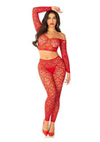 Leg Avenue Heart Net Off the Shoulder Crop Top and Footless Tights (2 Piece) - OS