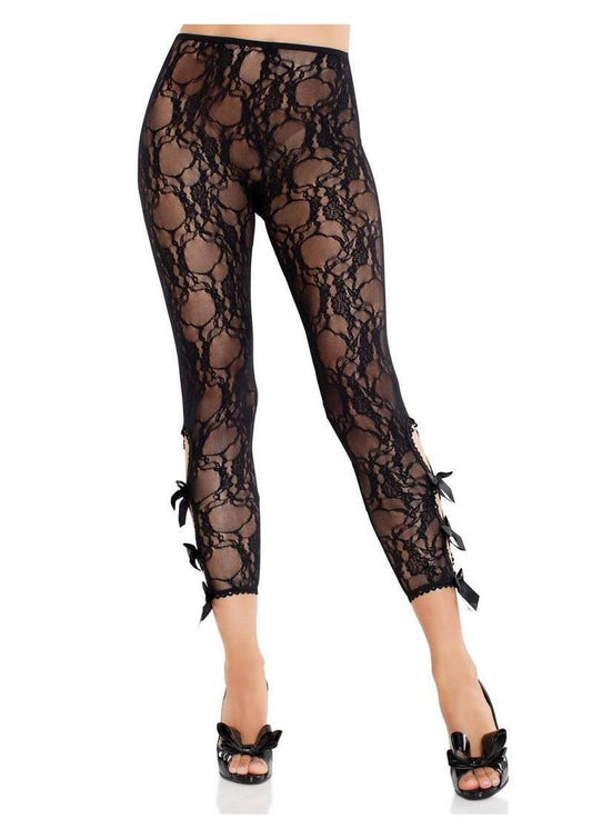 Leg Avenue Scalloped Trimmed Floral Lace Footless Capri Tights with Keyhole Bow Detail - O/S