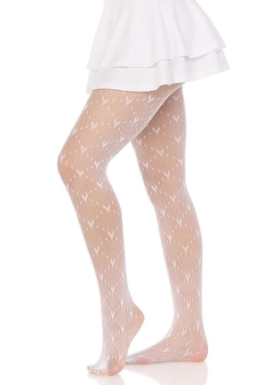 Leg Avenue Love Struck Heart Net Tights - OS - White