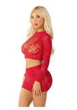 Leg Avenue Rhinestone Lace and Net Crop Top with Heart Keyhole Detail and Mini Skirt (2 Piece) - OS - Black