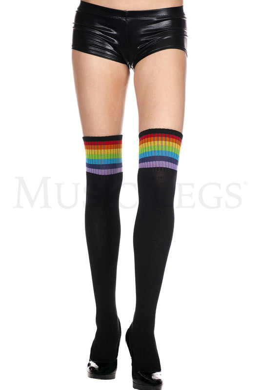 RAINBOW STRIPE ACRYLIC THIGH HI - BLACK