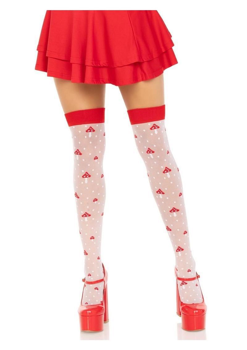 Leg Avenue Spandex Sheer Polka Dot Mushroom Thigh Highs - OS - White/Red