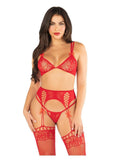 Leg Avenue Lace Bra Top with Dual Strap Detail, G-String Panty and Lace Top Garter Belt Stockings (3 Piece) - OS